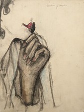 1930s Original French charcoal & crayons sketch drawing art deco woman portrait