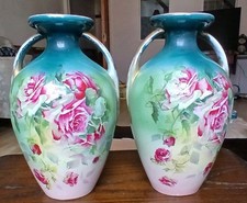 A Charming Pair Of Victorian Balaster Vases  25cm Tall Hand Painted Roses