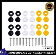 12 x NUMBER PLATE CAR FIXING FITTING KIT SCREWS & CAPS HINGED BLACK YELLOW WHITE