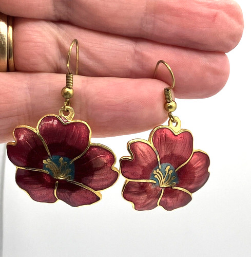 Cloisonne red floral earrings - floral,
