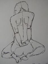 Original pen & ink life drawing female nude kneeling with hands behind her back