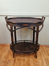 Vintage Tiger Bamboo Oval Two Tier Table Etagere with Removable Serving Tray