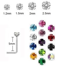 L Shape - CLAW SET Nose Stud 925 Silver, 0.6mm Thin - Crystal Size 1.2mm - 4mm