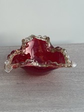 Ruby Red Salviati Murano Glass Bowl/Dish with Gold Leaf Rigaree Edge w Bubbles