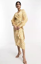 Never Fully Dressed Womens Gold Satin Midi Dress Wrap Style Long Sleeve RRP £110