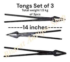 Blacksmith Long Jaw Tongs Set of 3 - Forge Heavy Hammer Anvil Tools for Knifemak