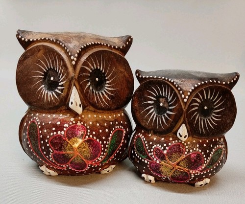 Pair hand painted wooden owls - pair,