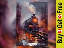 Dramatic Vintage Steam Train, Oil Painting Print 5" x 7" on Matte Paper