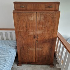 Vintage Art Deco style wood wardrobe in walnut colour with 3 shelves