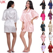 UK Plain Satin Robe Wedding Bridesmaid Kimono Dressing Gown Sleepwear Bathrobe