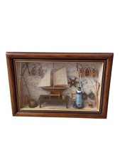 Nautical Wood Shadow Box, Old World Map Ship Wheel Lantern Harpoon Model Display