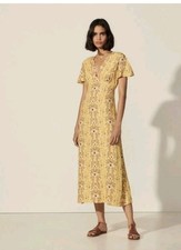 Sandro Floral Print Short Sleeve Midi Dress, Yellow - Size 40/UK 12
