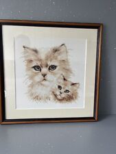 Vtg Retro Cat Vervaco Pussy Dear sepia Cross Stitch Kit 75.896 Framed Gift Art