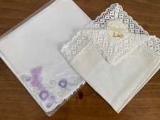 Two Vintage Handkerchiefs - White-Cream -Nottingham Lace-Embroidery.