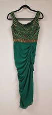 Virgos Lounge Green Dress UK 6 Midi Gold Beaded Ruched PLS READ Round Neck 