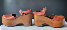 VINTAGE 70's BROWN GENUINE LEATHER PLATFORM  MARY JANE SHOES Size 5