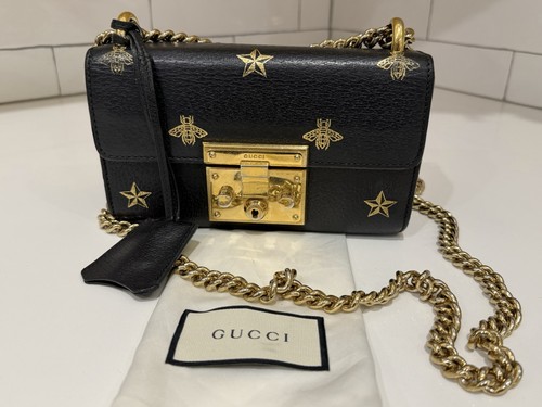 Gucci black leather gold star - black,