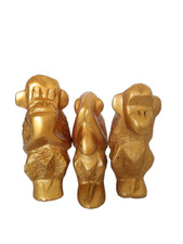 Three Wise Monkeys Hand Carved Wood Statues Gold Painted