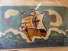 Vintage Handmade Wool Hooked Rug, Ship Nautical  