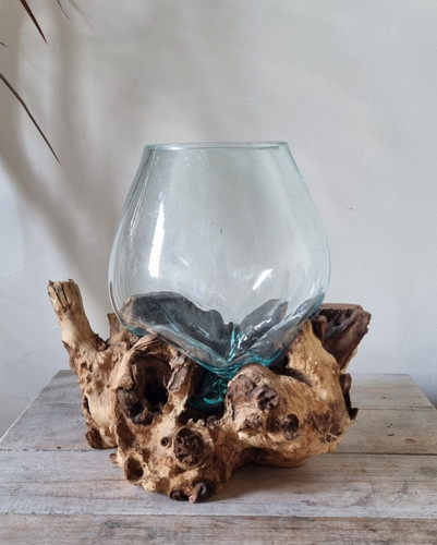 Melted glass wood bowl - on, bowl/hand