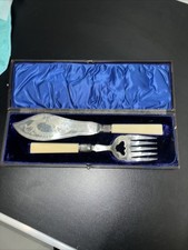 Vintage Fish Knife & Fork Serving Set Silver With Tan Handles
