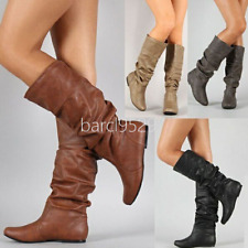 Womens Slouchy Mid Calf Boots Ladies Laces Zip Knee High Long Riding Flat Shoes