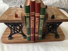 “School Daze” Bookends Old School Desk With Subject Books On Each Bookend-Cute