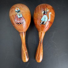Vintage Wooden Maracas Mallorca Spain Traditional Spanish Man and Lady