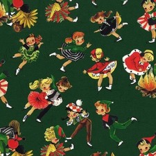RETRO VINTAGE SKATERS ON GREEN CHRISTMAS HOLLY JOLLY MICHAEL MILLER FABRIC HY