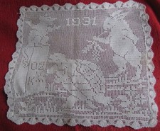 Vintage Hand crochet table centre, hare & tortoise, dated 1931, 40x35cm