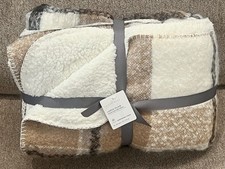 NEW Pottery Barn Lodge Plaid Sherpa Back Throw Blanket, Neutral, 50" W x 60" L
