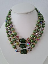 Vintage 3 Strand Green Glass Crystal & Iridescent  beaded Statement Necklace