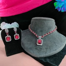 Designer Indian Bollywood Silver Plated White AD CZ Necklace Tika Jewelry Set