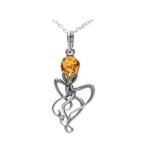 Small Amber Octopus Pendant Sterling Silver 925 Pear Shape Gemstone Kraken