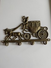 Nice Vintage Brass Key Holder/Hook Rack Horse & Carriage Wall Hanging 4 Hooks 