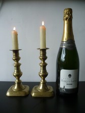 Antique Pair of Medium Size Rectangular Base Brass Candlesticks. Candle Holders