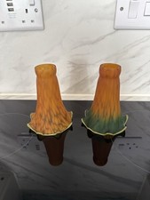 Vintage Glass Lampshades Orange & Green Ruffled Trumpet Style Art Deco Era