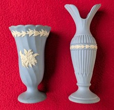 Wedgwood Light Blue Jasperware Vases Lot of 2 Scalloped Fluted Designs Ceramic