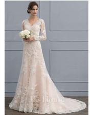 Trumpet/Mermaid V-Neck Court Train Tulle Lace Wedding Dress, Size: UK 12 White