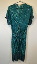 Allegra Hicks 100% Silk Dress Size 12 Midi Short Sleeve Green Pattern