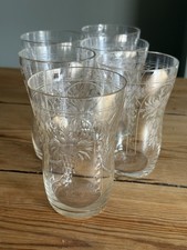 6 x Antique Etched Beakers Goblets Glasses Hand Blown