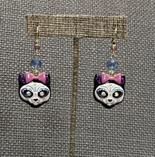 Kirks Folly Sugar Skull Kitty Cat Leverback Earrings Goldtone - NWOT