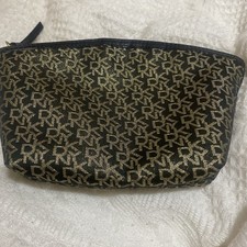 DKNY Makeup Organizer Bag Unisex Zipped Cosmetic Bag Pouch Black And Gold Print