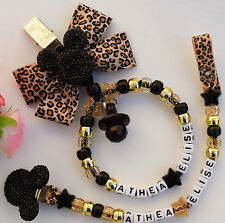 Set of 2 Personalised stunning leopard print mickey minnie dummy clip+Pram charm