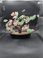 VINTAGE JAPANESE JADE GLASS CHERRY BLOSSOM FLOWERS BONSAI TREE ORNAMENT IN POT