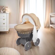 Grey Wicker Moses Basket on Wheels + Beige Dimple Bedding Set – Baby Crib
