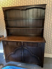 Shabby Chic Vintage Dark Oak Carved Linen Fold Welsh Dresser / Sideboard