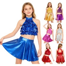 Kids Girls Dance Dress Halter Tiered Sequins Crop Top with Skirt Samba Costume