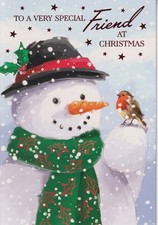 SPECIAL FRIEND CHRISTMAS GREETING CARD 7"X5" SNOWMAN WITH ROBIN