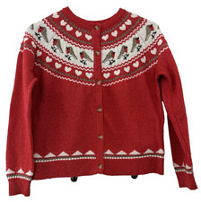 PAPAYA.   RED FAIRISLE CHRISTMAS ROBINS KNIT CARDIGAN.  SIZE MEDIUM